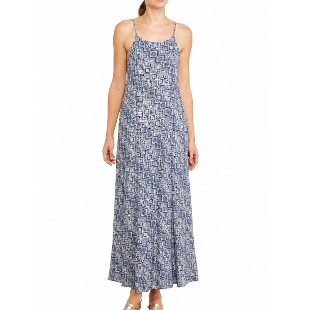 Faded Glory Blue White Geometric Print Maxi Dress Size L Rayon Adjustable